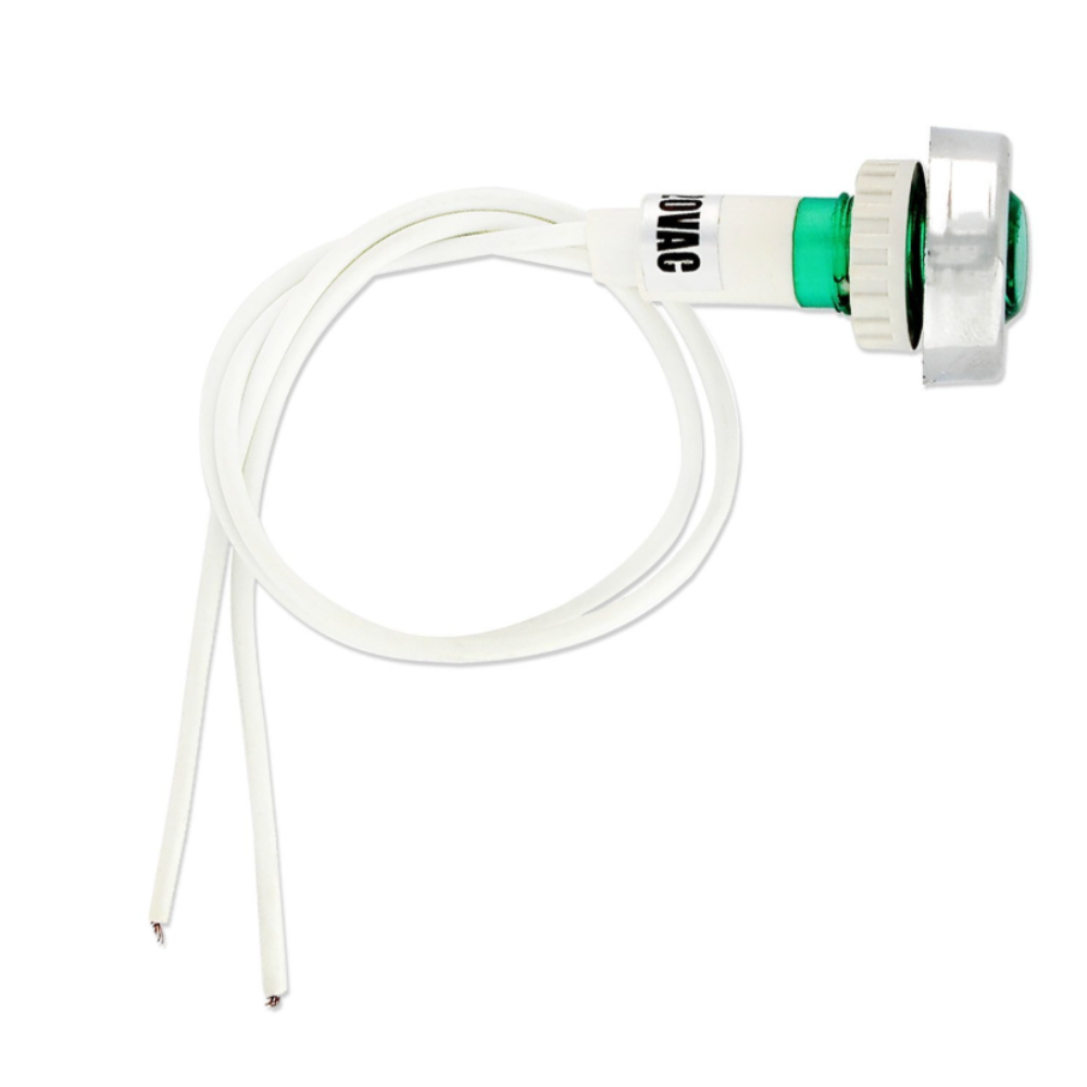 Lampada spia verde luminosa ricambio da incasso con fili e ghiera di fissaggio cromata
